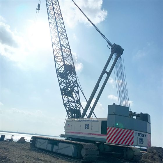 Terex crawler crane in Malik Crane Services livery on a coastal site